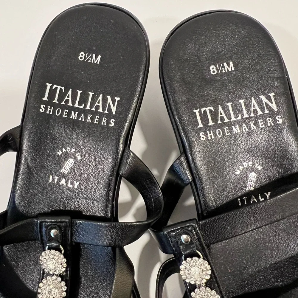 NEWItalian Shoemakers Women Black Heeled Leather Sandals 8.5M Rhinestone Accent